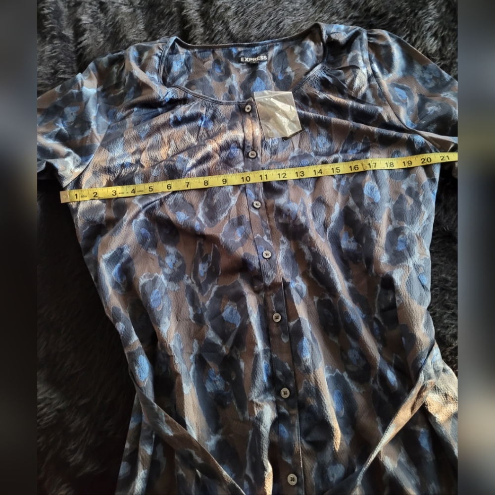 Express Blue Leopard Print Button Down Belted Dre… - image 4